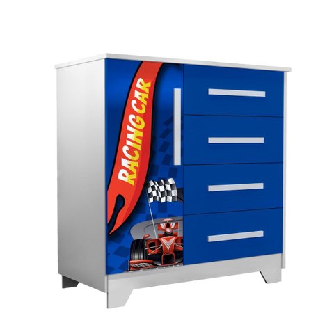Cômoda Infantil Carro Compacta Mdf Premium 4 Gavetas 1 Porta:azul