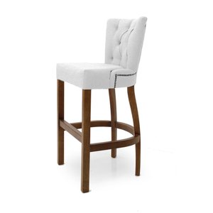 Banqueta Alta em Madeira Maciça 102cm Altura - Assento Estofado Capitonê - Veludo Off White