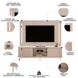 Painel para Tv 75 Pol e Rack Bancada Ripado 218cm World D04 Off White - Mpozenato - 3