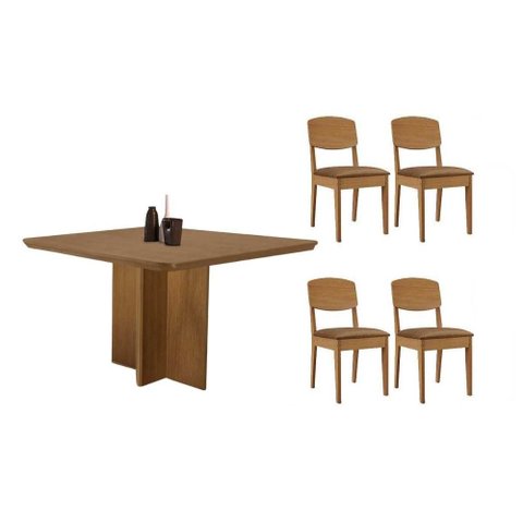 Conjunto: Mesa de Cozinha Berlim Curvo 90cm + 4 Cadeiras Havana Naturale - Suede Capuccino - Rufato