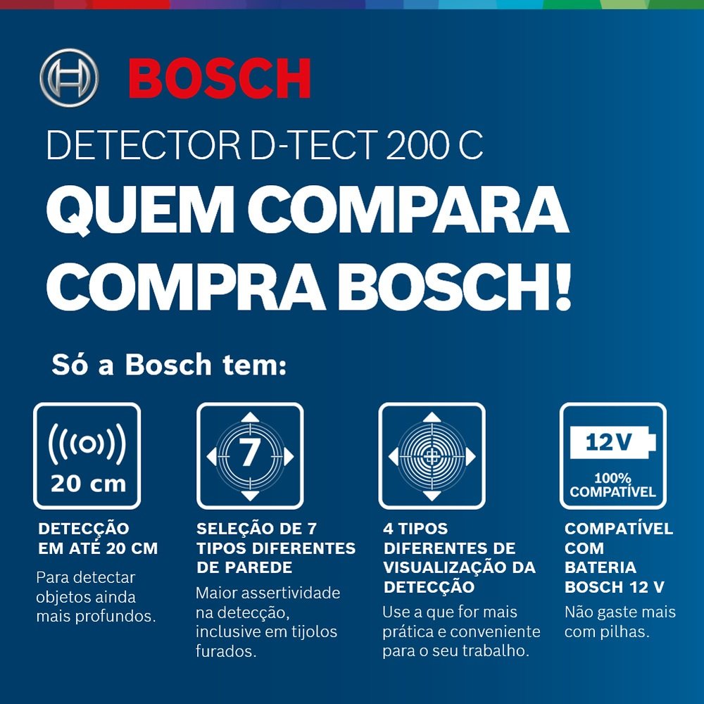 Detector Escanner de Parede para Metais e Pvc até 200mm D-tect 200 Bosch 06010816g0 Detect 200 - 060 - 7