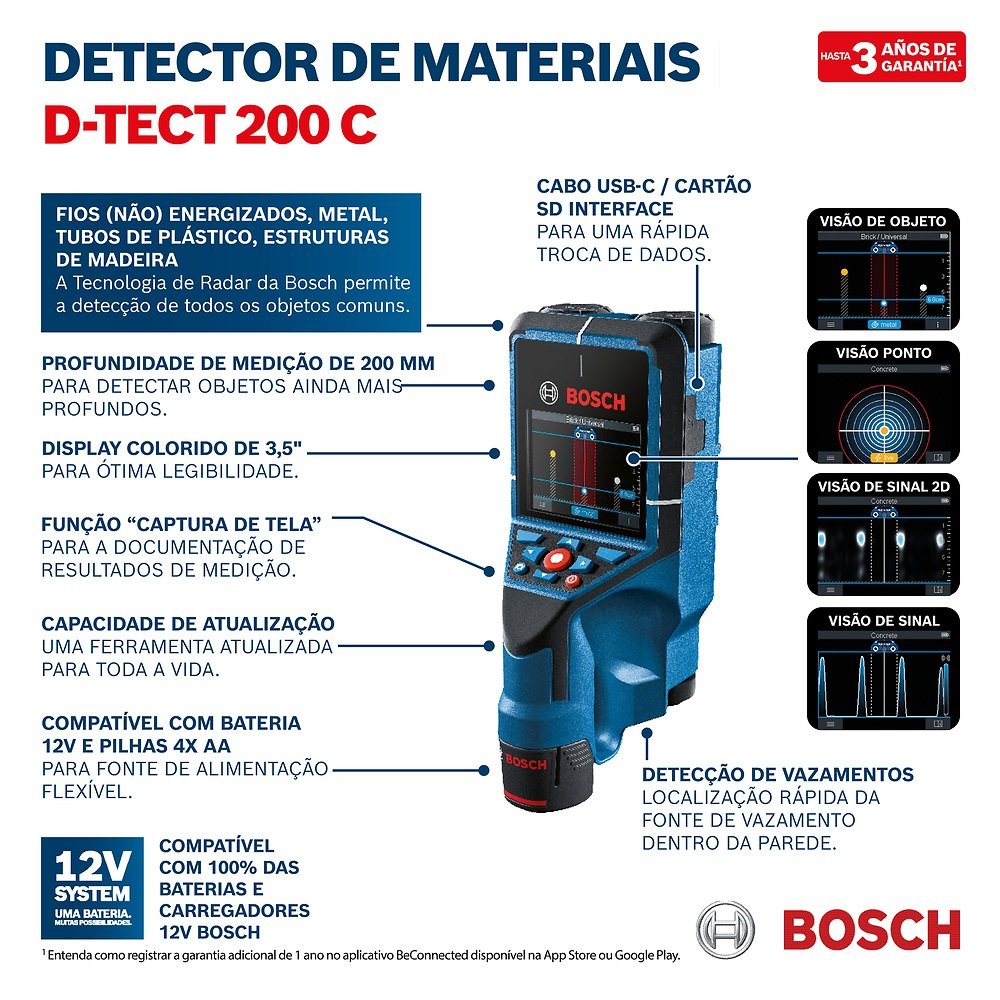 Detector Escanner de Parede para Metais e Pvc até 200mm D-tect 200 Bosch 06010816g0 Detect 200 - 060 - 2