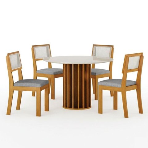 Mesa de Jantar Flora 108x108 com Vidro Base Ripado Cinamomo Off-white com Kit 4 Cadeiras Flora Linho