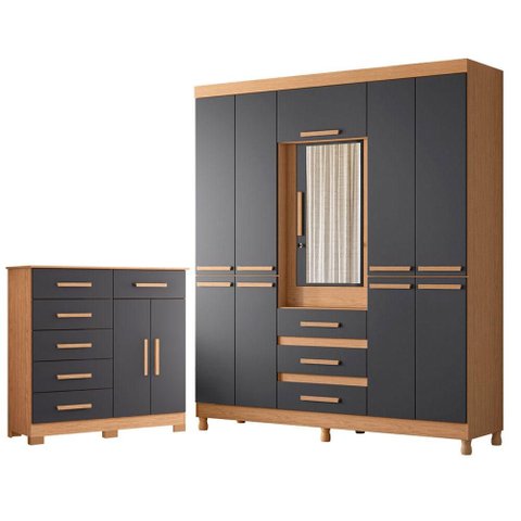 Guarda Roupa Casal New Fusion 10 Portas e Cômoda Xangai Freijo Titanium - Móveis Albatroz