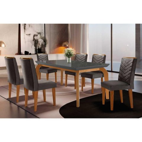 Conjunto: Mesa Sala Jantar Londrina C/ Tampo Madeirado C/ Vidro Canto Curvo 180x90cm e 6 Cadeiras