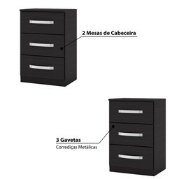 Kit 2 Mesas de Cabeceira 3 Gavetas Domus - Preto - 3