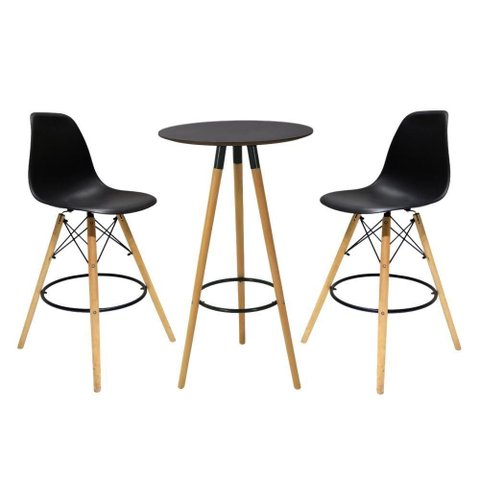 Conjunto Mesa Alta Redonda Bistro + 2 Banquetas Altas Charles Eames Eiffel Preta Preto