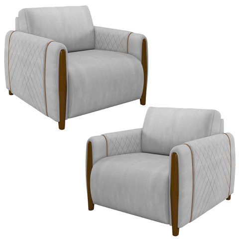 Kit 2 Poltronas Decorativas Pés Madeira Maceió Veludo Cinza - Gran Belo