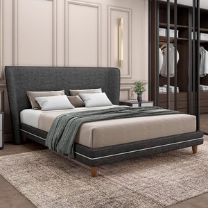 Cama Casal Queen Base Box Pés Madeira 168cm Suném P05 Linho Cinza Escuro - Lyam Decor