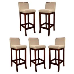 Kit 5 Banquetas Alta para Cozinha Americana Turim Madeira Castanho Linho Bege Ccs - 1