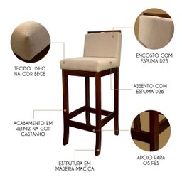 Kit 5 Banquetas Alta para Cozinha Americana Turim Madeira Castanho Linho Bege Ccs - 4
