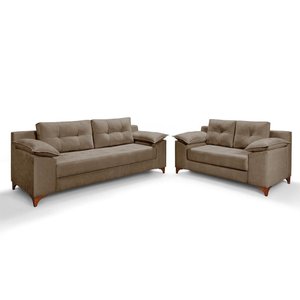 Conjunto Sofá Ibiza 2 e 3 L Veludo Fixo Almofadado Premium Avelã