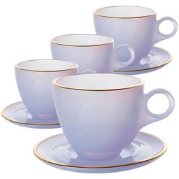 Jogo de Xícaras de Chá Matte Salmão com Borda Dourada em Cristal com Pires 170ml - 8 Peças - 1