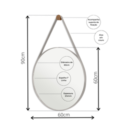 Espelho Decorativo Sala Alça Em Couro 60cm + Suporte Pino:Gelo - 2
