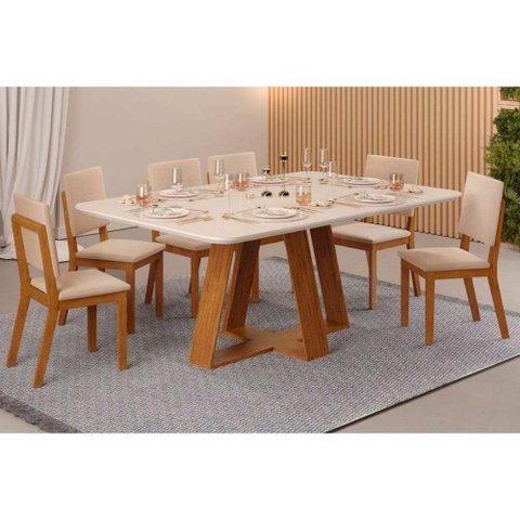 Sala de Jantar Completa Celeste C/ Tampo Madeirado C/ Vidro Curvo 160x90cm e 6 Cadeiras Talia Cedro/