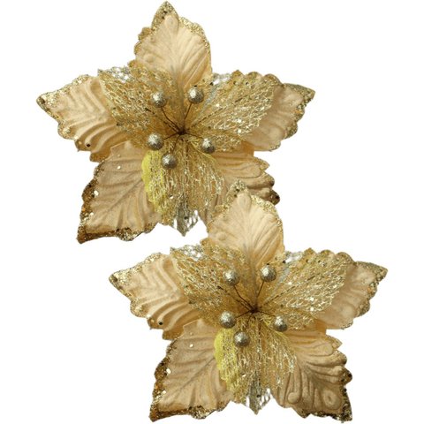 Kit 6 Flores Artificial Glitter Enfeite Dourado Natal 25cm