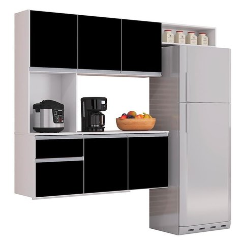Cozinha Suspensa Mel 180cm com Balcão Preto/Branco e Tampo MDP - Poquema
