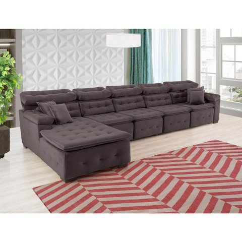 Sofá Orlando 4.20x1.90m com Chaise, Retrátil e Reclinável - Marrom