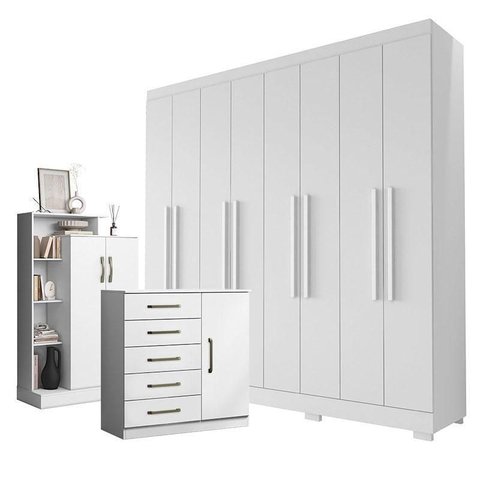 Guarda Roupa Casal Porto 8 Portas 4 Gavetas com Cômoda Sapateira Milão e Armario Multiuso Florenç