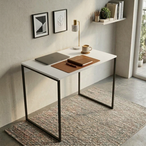 Mesa Escrivaninha Home Office Industrial Grécia de 80x46 Ferro Preto Tampo Branco