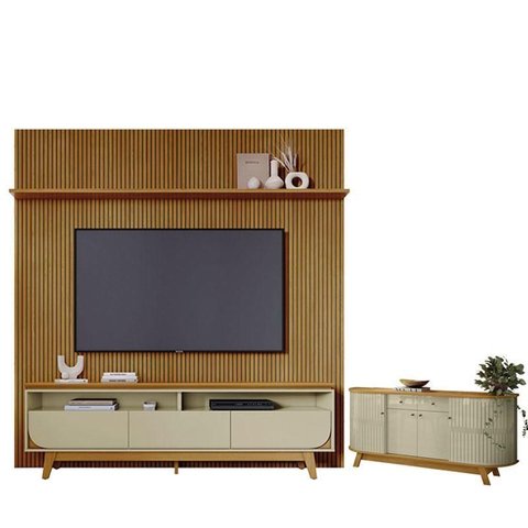 Estante Home Theater com Bancada Suspensa Luna com Aparador para Sala Buffet Mônaco Cumaru Opala -