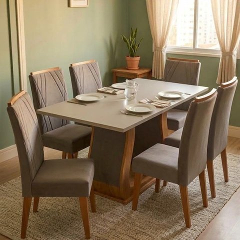 Conjunto Mesa de Jantar com 6 Cadeiras em Madeira Maciça Estofadas 160x79,4x80cm Mel/Cinza