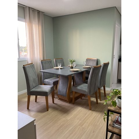 Conjunto Mesa de Jantar com 6 Cadeiras em Madeira Maciça Estofadas 160x79,4x80cm Mel/Cinza