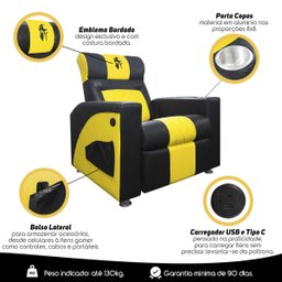 Poltrona Gamer Sparta Reclinável com Carregador Usb Preto/amarelo Sofa Store - 10