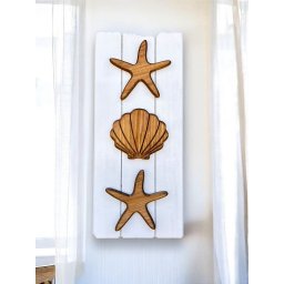 Quadro Decorativo Vertical Concha e Estrelas em Madeira Decoração Casa de Praia - 1