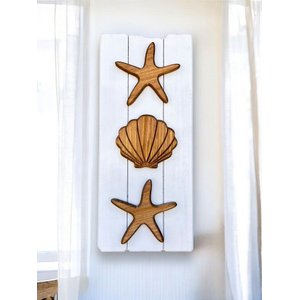 Quadro Decorativo Vertical Concha e Estrelas em Madeira Decoração Casa de Praia