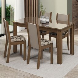Conjunto Sala de Jantar Mesa Tampo de Vidro 4 Cadeiras Rustic/crema/bege Marrom Suzy Madesa - 1