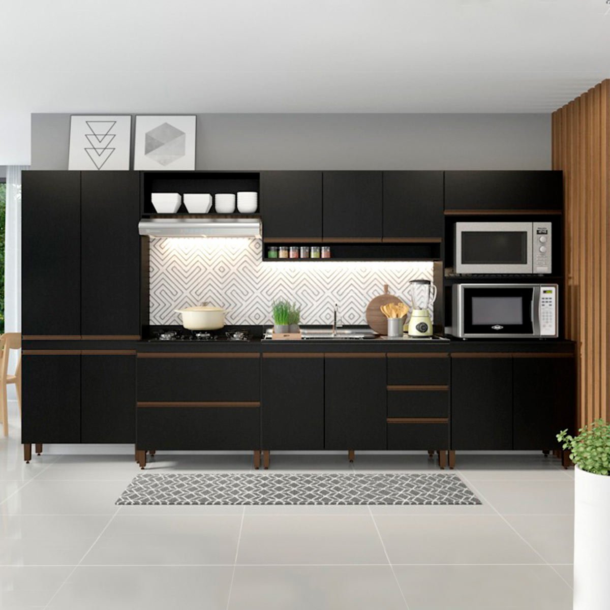 Armário Cozinha Modulada Sabrina 3,60m Preto Texturizado MDP SAB06 - MENU