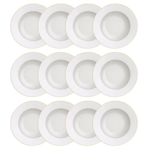Kit 12 Pratos Fundos Branco Borda Dourada Porcelana Elisa 23