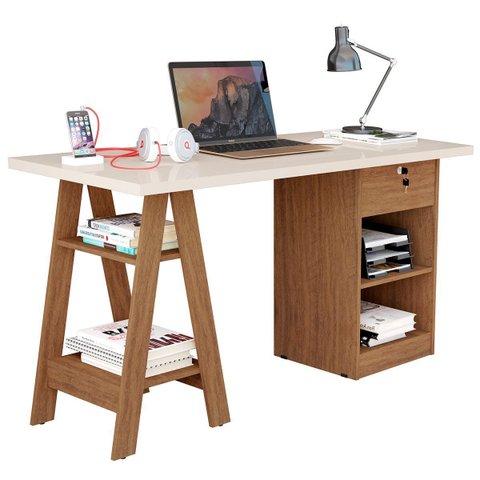 Mesa Escrivaninha para Escritório 1 Gaveta com Chave Boreal Off White/canela