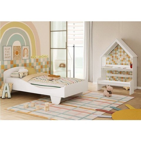 Quarto Infantil com Cama Mesa Casinha e Banco Olívia 100% MDF Espresso Móveis Branco/Brilho
