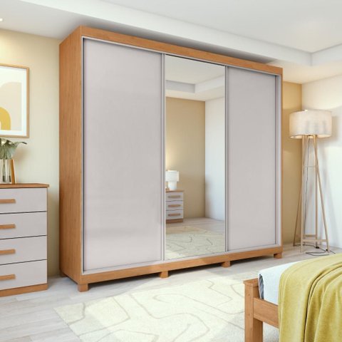 Guarda Roupa Casal 100% Mdf 3 Portas Elos com Espelho e Pés Amêndoa/off White