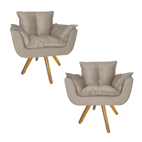 Kit 2 Poltrona Decorativa Base Giratória De Madeira Quarto Opala Suede Bege - LM DECOR