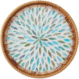 Bandeja Redonda de Madreperóla e Rattan Azul 6210 30cm Bono