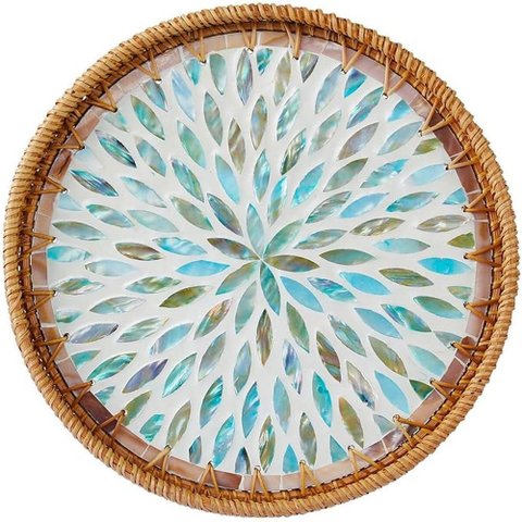 Bandeja Redonda de Madreperóla e Rattan Azul 6210 30cm Bono