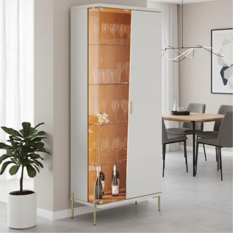 Cristaleira Porta de Vidro com Led Sena 181x70 Cm Pes Metal Clb Off White Matte Freijo Clb