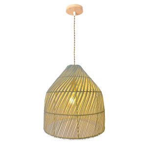 Pendente Gambier 35cm Madeira e Fibra de Rattan Cor Bambu 1l Bocal E27 Bivolt Iluminação Interna Rús