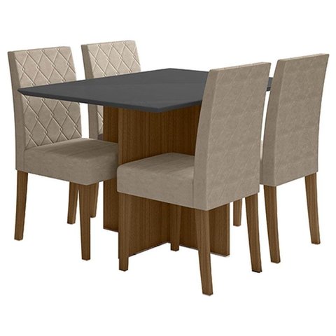 Mesa de Jantar 120cm Helo com Vidro Carvalho Grafite com 4 Cadeiras Jade Bordada Carvalho Fendi – Po