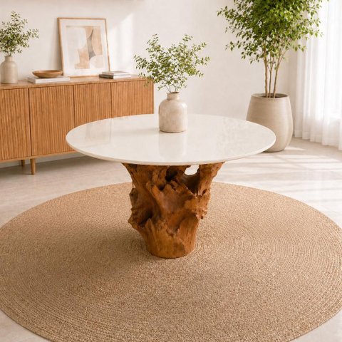 Mesa Jantar Redonda 4 Lugares 115cm Base de Raiz Natural com Tampo Cor:Off White e Raiz Natural