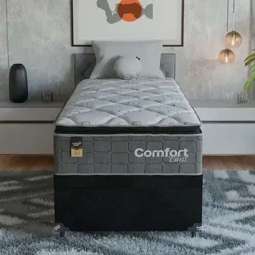 Ver mais imagens de Cama Box Baú Solteiro + Colchão Comfort Class Pillow Top Cinza/suede Preto
