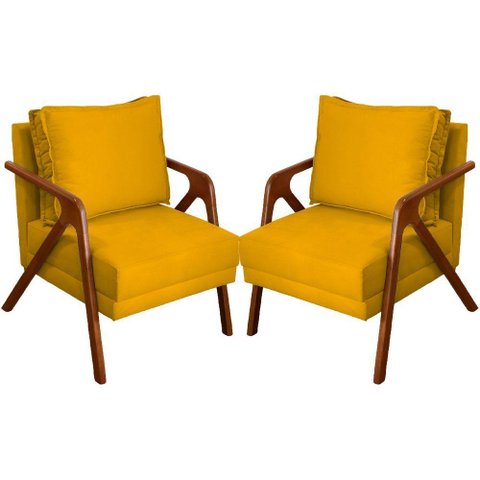 Kit 2 Poltronas Decorativa Shine Pé Castanho - Mostarda Suede