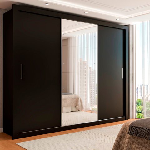 Guarda-roupa Casal Carol 3 Portas de Correr com Espelho 4 Gavetas Preto - Panorama Móveis