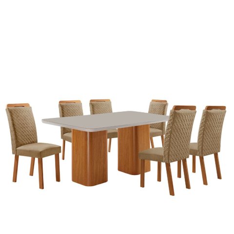 Mesa de Jantar Eloise 180cm Tampo MDF Vidro Canto Copo com 6 Cadeiras Aline