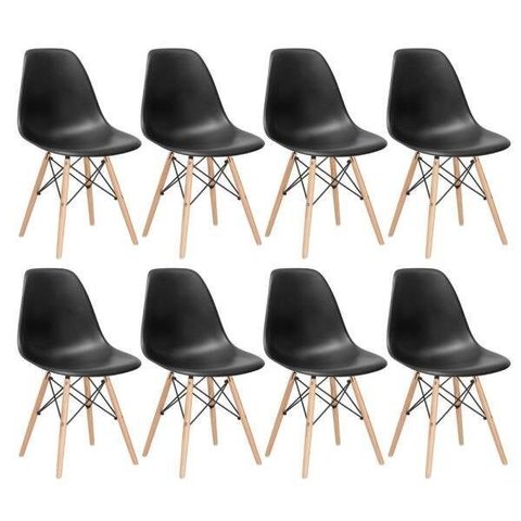 Kit 8 Cadeiras Charles Eames Eiffel Dsw - Base de Madeira Clara - Preto Multicolorido