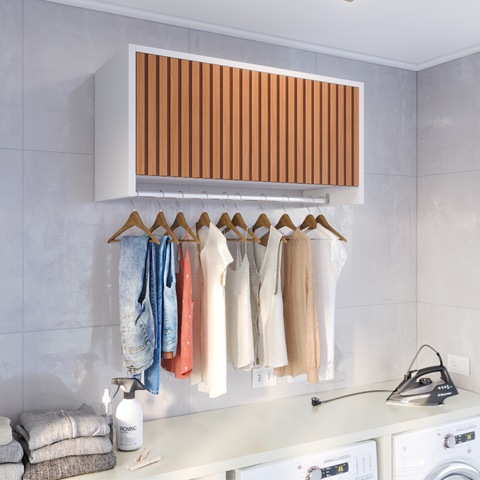 Armário Suspenso Delta Lavanderia com Cabideiro e Porta - Branco/ripado