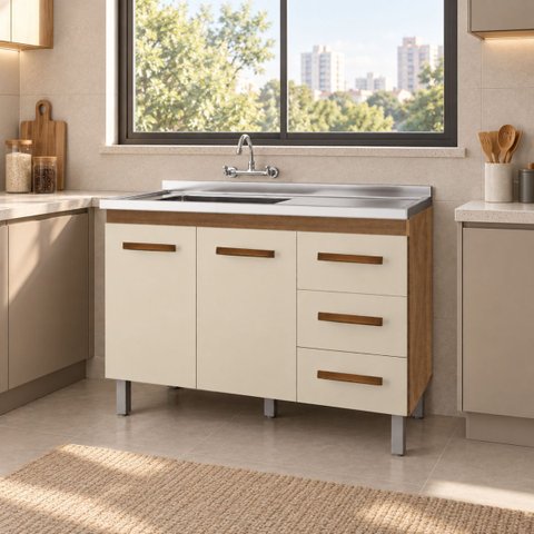Balcão Pia Cozinha Gabinete Pia 2 Portas 3 Gavetas Off White